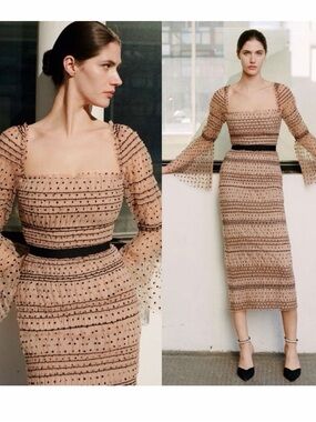 Self-Portrait Shirred Polka Dot Midi Dress Tan Black US 8